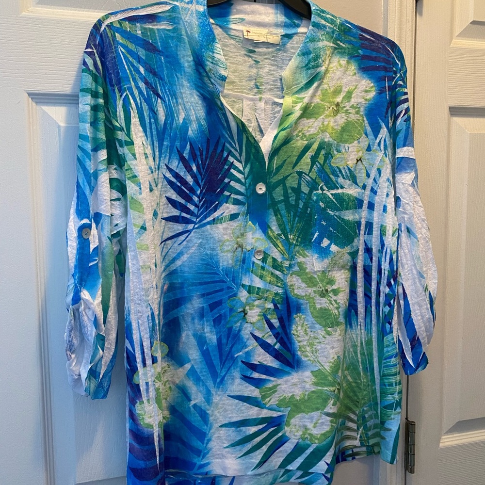 Tropical Blue and Green Button-Up Blouse